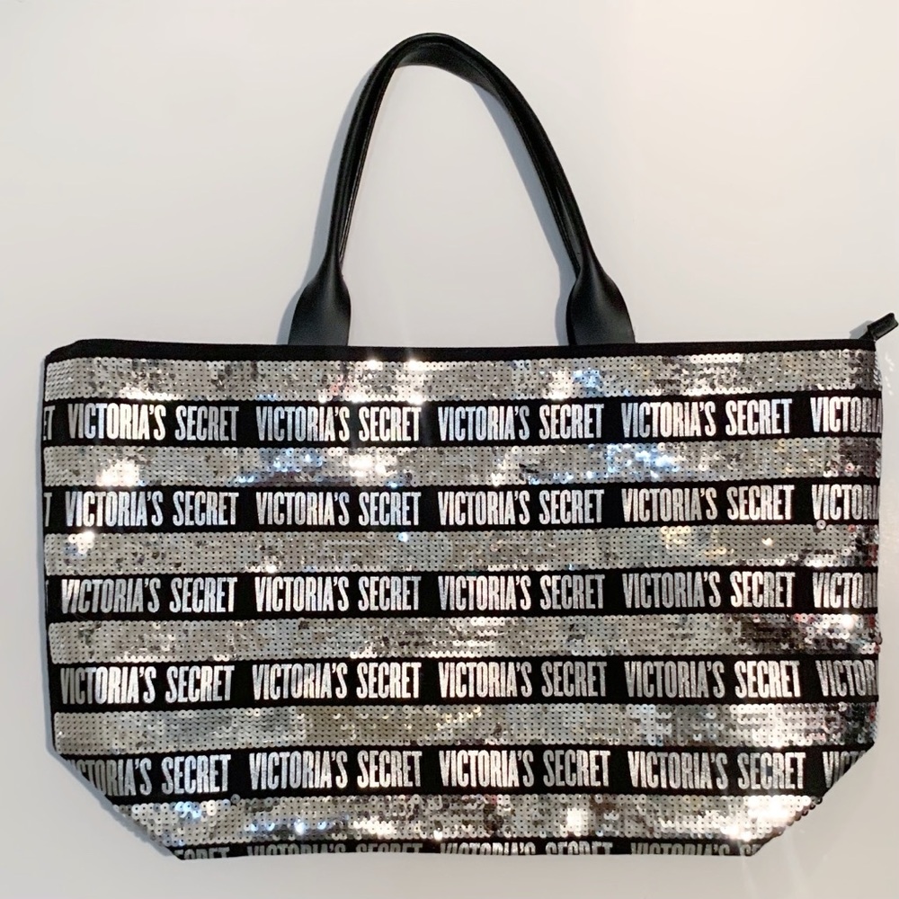 Victorias Secret Black & Silver Sequin Bling Weekender Tote Bag Limited Edition